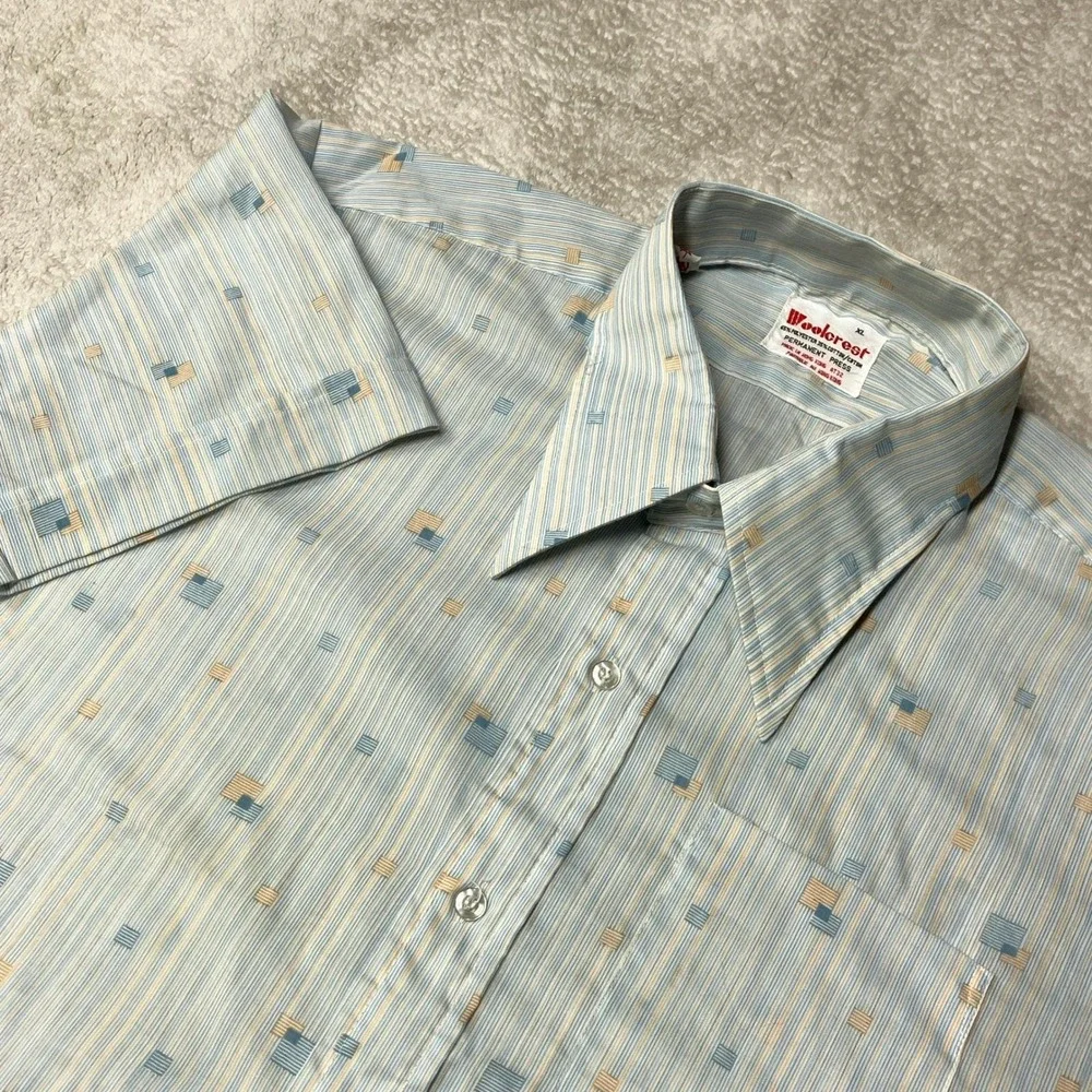 True Vintage Woolcrest Dagger Collar Button Up Shirt Sheer Blue Geo Mens XL